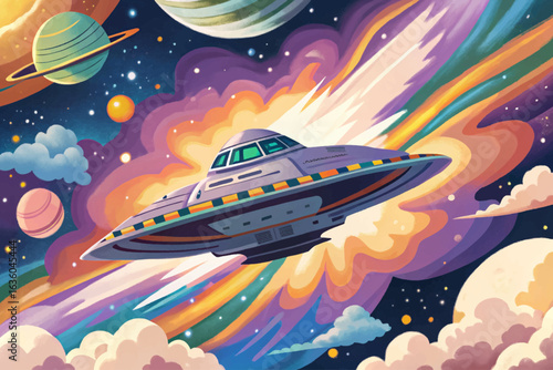 Alien designed spaceship exploring colorful nebula, interstellar mystery wallpaper cartoon