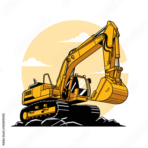 Yellow excavator vector artwork. Excavator crew. Vintage excavator design. Construction vehicle t-shirt print design. Heavy duty drive. 