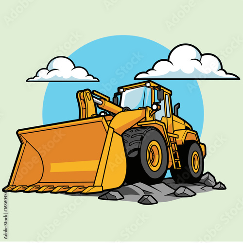 Classic wheel loader illustration. Powerful Yellow Wheel Loader Excavator Illustration. Heavy machine artwork for retro t-shirt design. Loader artwork. Vintage loader machine vector. 