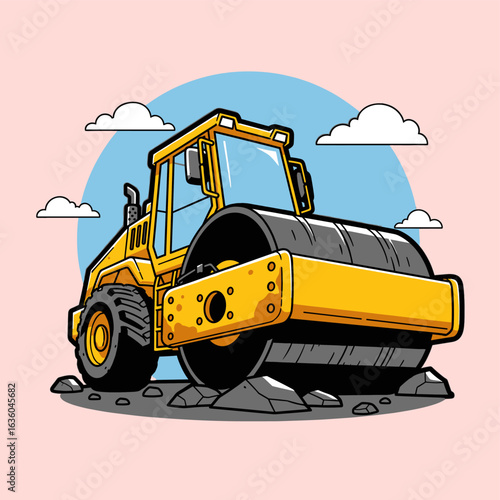 Vintage road roller vector. Bold yellow road roller design. Heavy roller crew. Vibrant Yellow Road Roller Construction Vehicle Illustration. Road roller vector illustration.