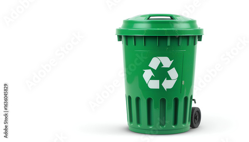 Green Recycling Bin with White Symbol on Isolated White Background