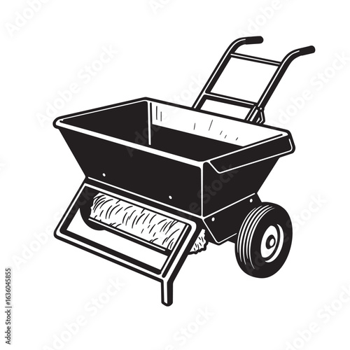 Black and white illustration of a garden fertilizer spreader on a white background