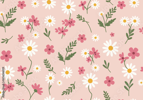 title Pink and White Flowers with Green Stems on a Light Pink Background keywords