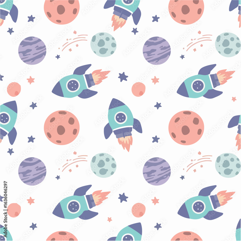 Naklejka premium Colorful Space-Themed Pattern with Rockets, Planets, and Stars