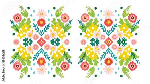 Symmetrical floral arrangement featuring yellow and pink flowers with green leaves and blue polka dots design