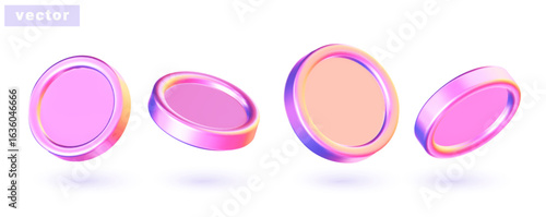 Set of pink chrome coins. 3D holographic coins. Vector illustration.