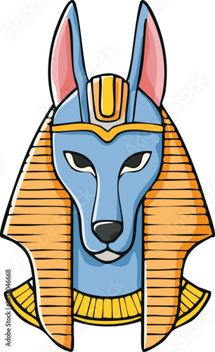 Anubis, the Egyptian god of the dead, depicted in a cartoon style with a blue head and golden headdress.