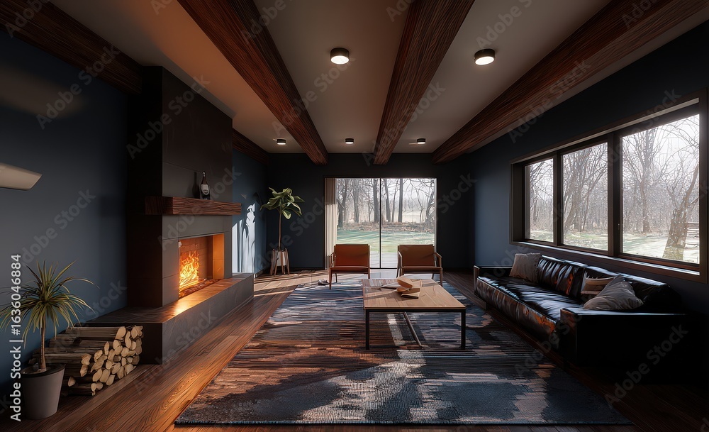 Fototapeta premium Dark Modern Living Room With Fireplace And Forest View