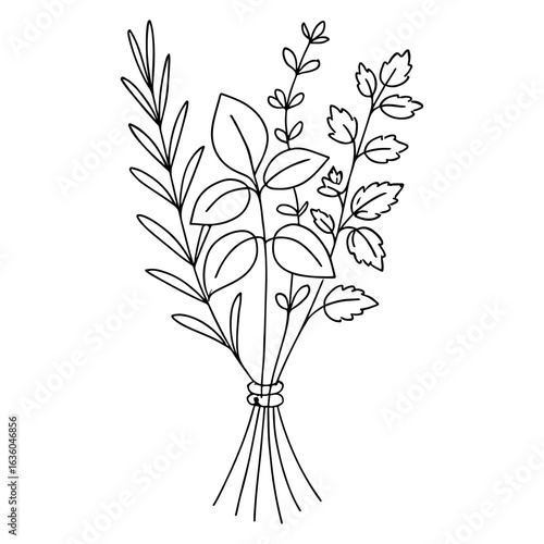 An artful silhouette illustration of a spring bouquet of snowdrops, leaves, and branches in a vase