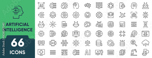 Artificial intelligence icon set in linear style. Collection of 66 outline icons representing AI, technology, machine learning, automation, neural networks, and robotics. Editable stroke.