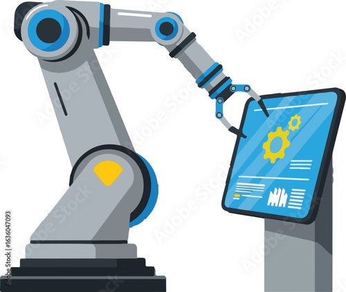A robotic arm interacts with a digital display showing mechanical components.
