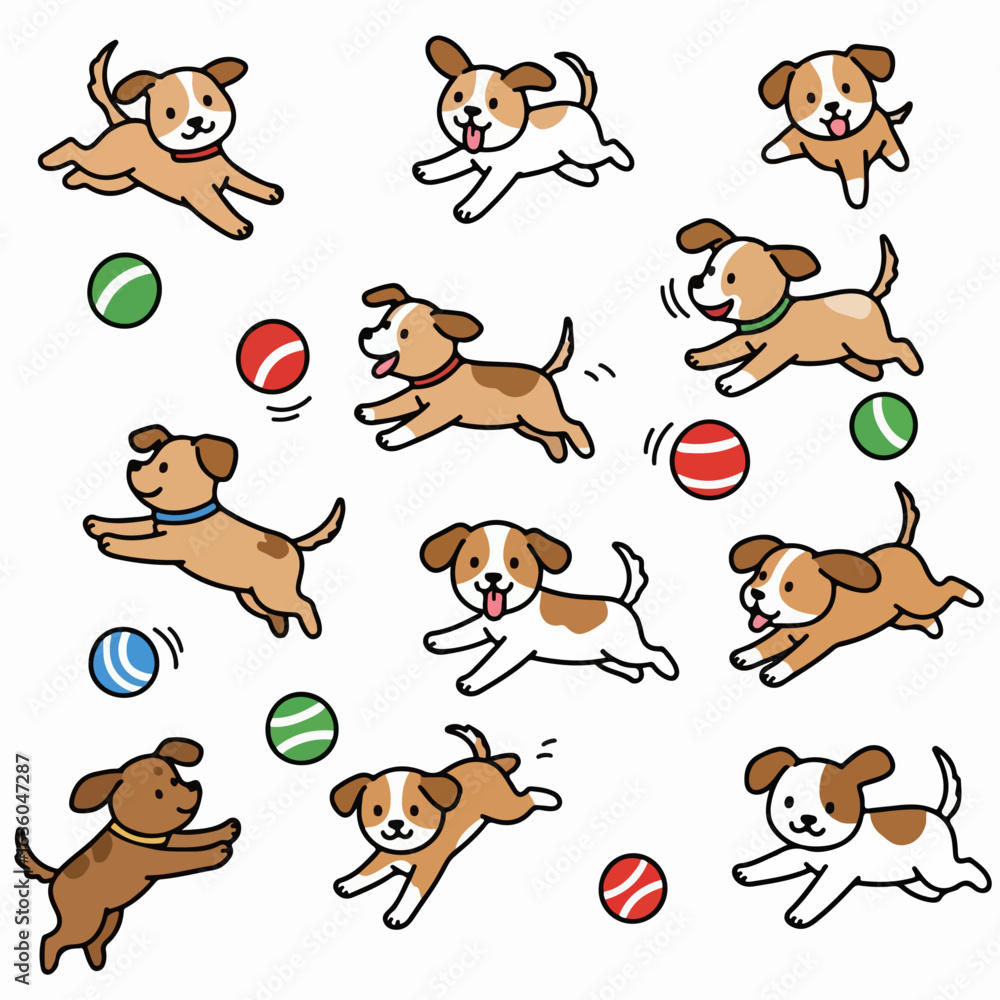 Obraz premium Cute Cartoon Dogs Playing with Balls