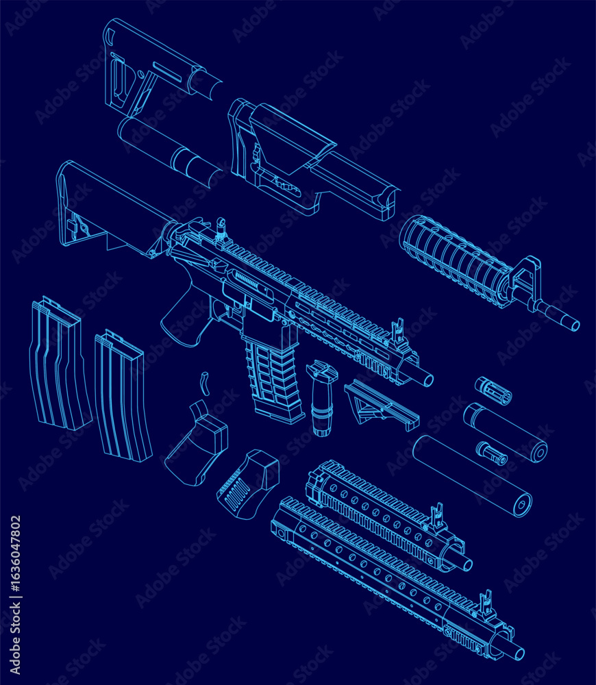 Fototapeta premium Blueprint of an rifle with modular parts displayed on a blue background. The contour lines highlight the gun's components, emphasizing its customizable kit design.