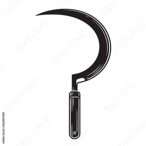 Classic illustration depicting a black silhouette sickle agricultural farming tool isolated on white