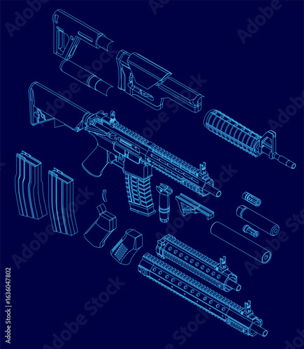 Blueprint of an rifle with modular parts displayed on a blue background. The contour lines highlight the gun's components, emphasizing its customizable kit design.