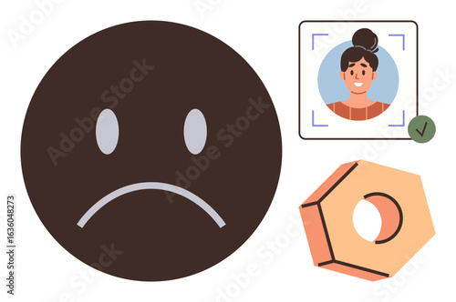 Sad face, facial recognition with approved face scan, and geometric hexagon. Ideal for emotion, technology, artificial intelligence, security, identity, recognition human-computer interaction