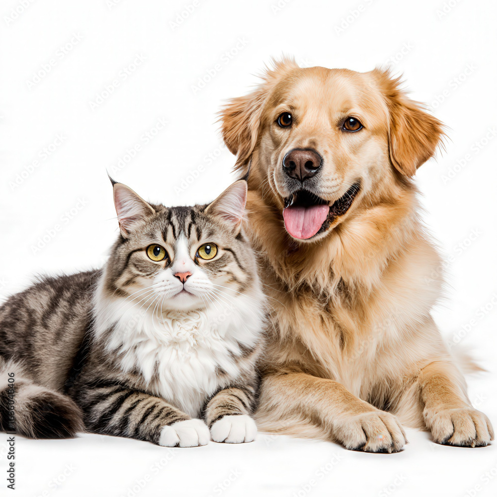 Fototapeta premium Feline and Canine Harmony: A golden retriever and a fluffy cat shares an intimate, tranquil moment, highlighting the companionship between beloved pets.