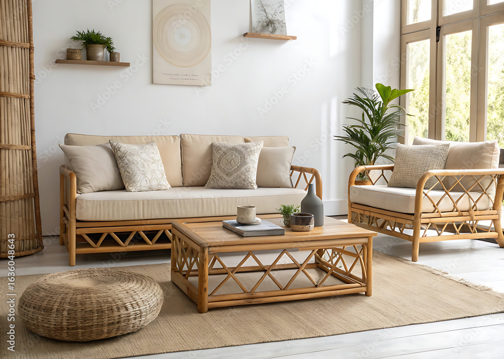 Obraz premium Cozy living room with rattan furniture including a sofa armchair and coffee table isolated on white background