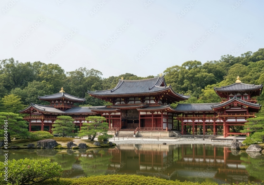 Naklejka premium Serene japanese temple reflected in a tranquil pond amidst lush greenery
