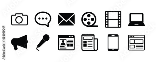 Media communication icons set vector graphic for camera, speech bubble, film, phone, microphone, news