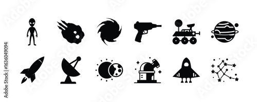 Space exploration icons set, alien, rocket, telescope, constellation, rover and more vector icons