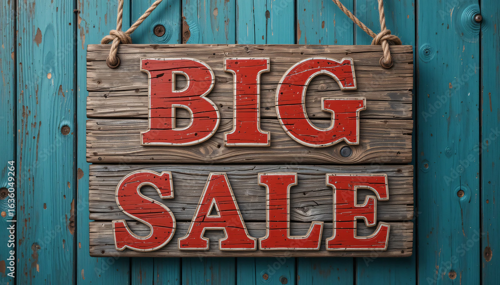 Fototapeta premium Big Sale Sign on Rustic Wooden Board with Vintage Style