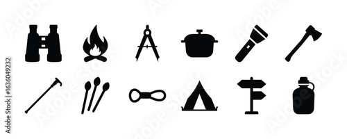 Camping and hiking equipment essentials vector icons set for outdoor adventure and travel design needs