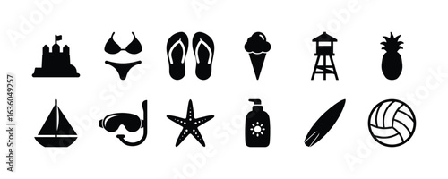Summer beach vacation essentials vector icons set: sandcastle, swimsuit, ice cream, and more elements