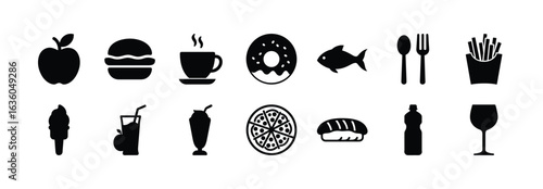 Vector illustration of food and drink icons including apple burger coffee donut fish and french fries