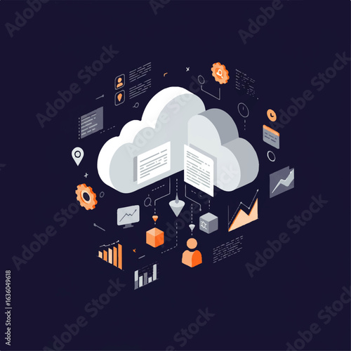 A graphic representation of cloud computing, showing interconnected data and processes.