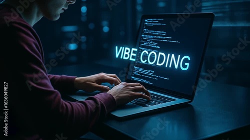 Man types in dark tech space with blue glow vibe coding text and code lines create script runner, digital focus night code vibe
