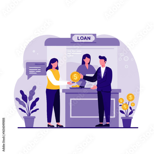 Two people exchanging money at a loan kiosk, a simplified illustration of a financial transaction.