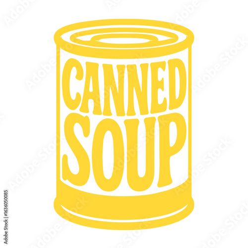 Yellow canned soup container with bold lettering design  