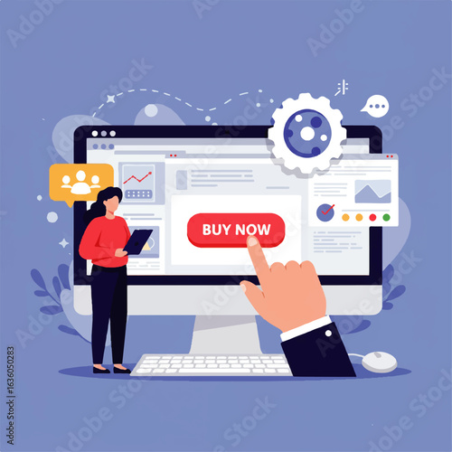 A woman interacting with a computer screen, pointing at a "Buy Now" button.
