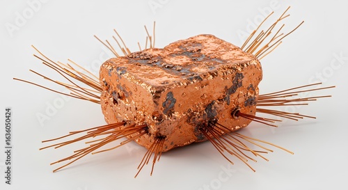 Close up View of a Textured Copper Sculpture with Sharp Metal Wires on a White Background