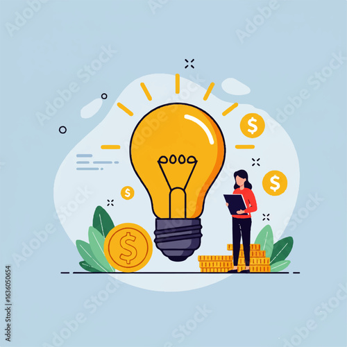 A businesswoman stands beside a large lightbulb, representing innovative financial ideas.