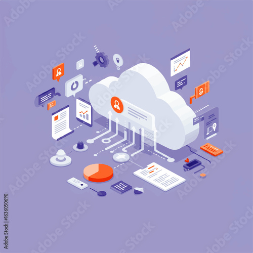 Cloud computing system visualized with interconnected data, analytics, and user profile icons.