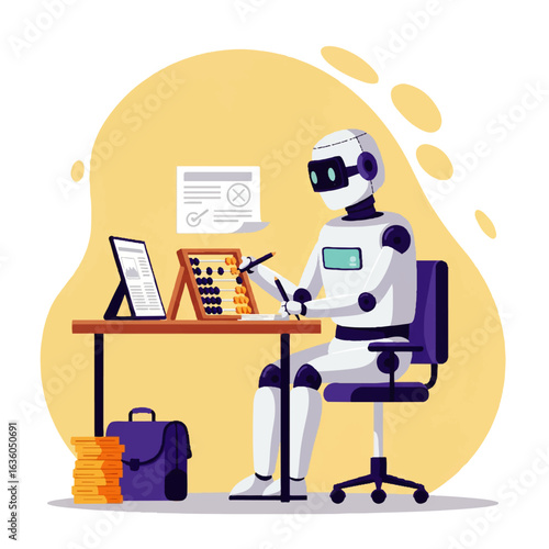 A white robot sits at a desk, calculating with an abacus and writing on paper.