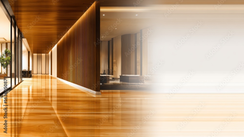 Fototapeta premium Modern interior of a spacious hallway featuring polished wooden floors and soft lighting, creating a serene atmosphere