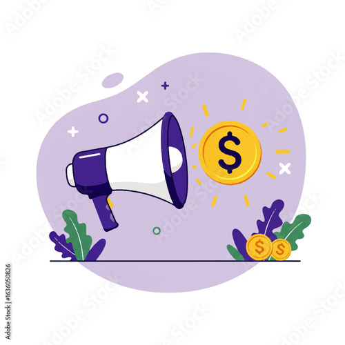 A megaphone announces financial news, promoting monetary gain with shining gold coins.