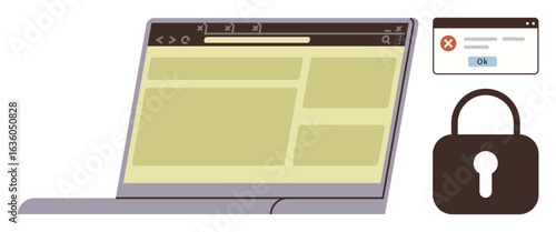 Open laptop with web browser, error message pop-up, and padlock icon. Ideal for security, data protection, online safety, technology, internet privacy hacking prevention and secure browsing. Simple
