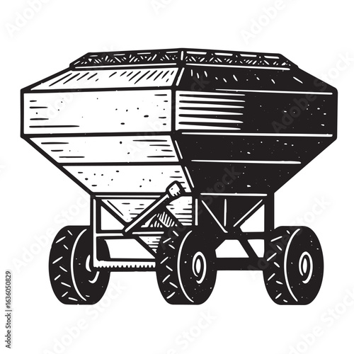 Detailed black and white illustration of a farm grain cart used in agriculture fields