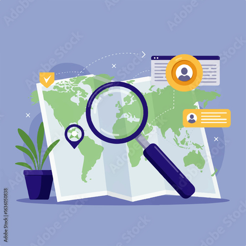 Global talent search: magnifying glass over world map with candidate profiles.