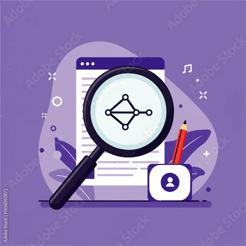 Illustration of a magnifying glass over a webpage displaying a network diagram, with a pencil holder nearby.