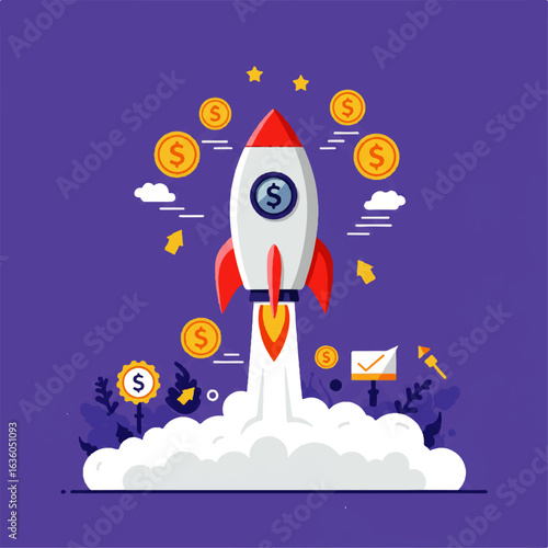 A rocket ship launching, propelled by profit, soaring amidst swirling coins and achievement symbols.