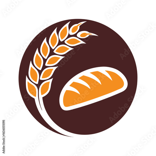 Bakery Logo with Single Wheat Stalk and Loaf of Bread in a Circle grain food