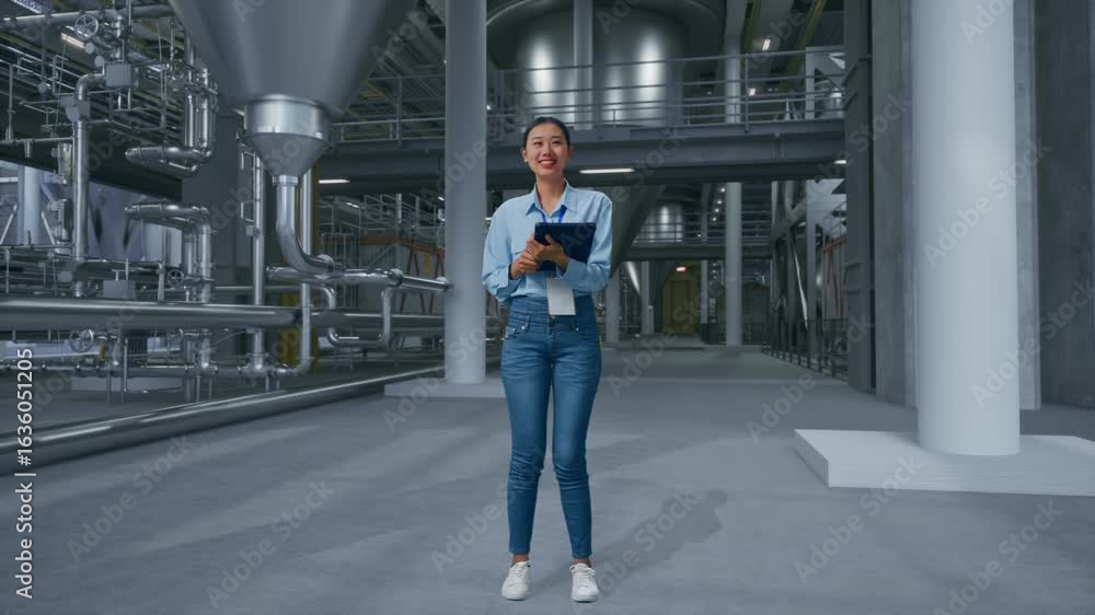 Full Body Side View Of Asian Female With Her Tablet in Distillery Interior With Large Fermentation Tanks, Typing And Dissapionted With Nodding Her Shead Full Body Side View Of Asian Female With Her Tablet in Distillery Interior With Large Fermentation Tanks, Typing And Dissapionted With Nodding Her Shead
