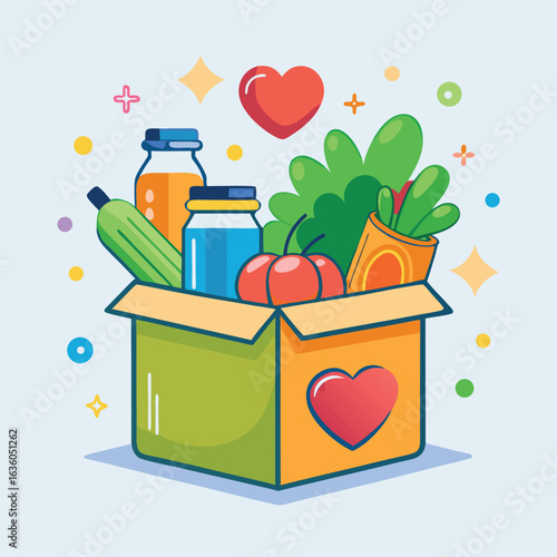 Healthy food donation box with vegetables, juice, and groceries – Charity, nutrition, and organic food delivery concept.