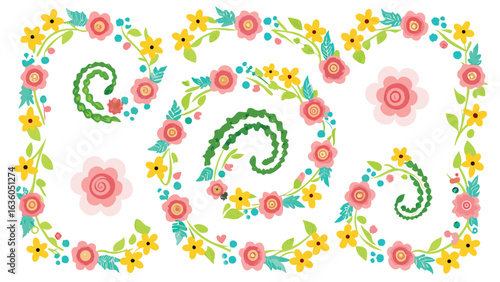 Illustration of floral wreaths and flower arrangements with pink and yellow blossoms on white background