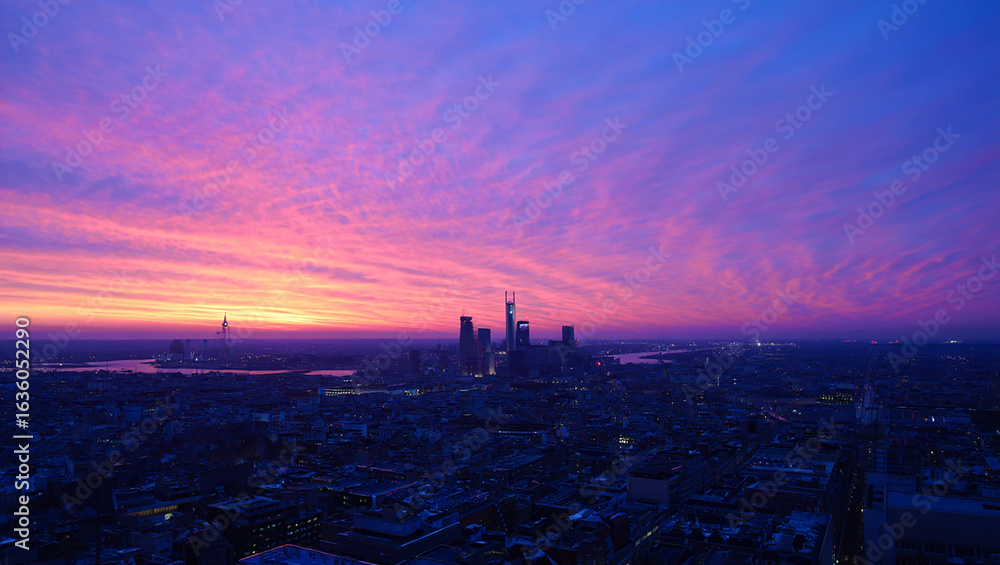 Obraz premium Lush Pink and Purple Sunset Over a European Cityscape